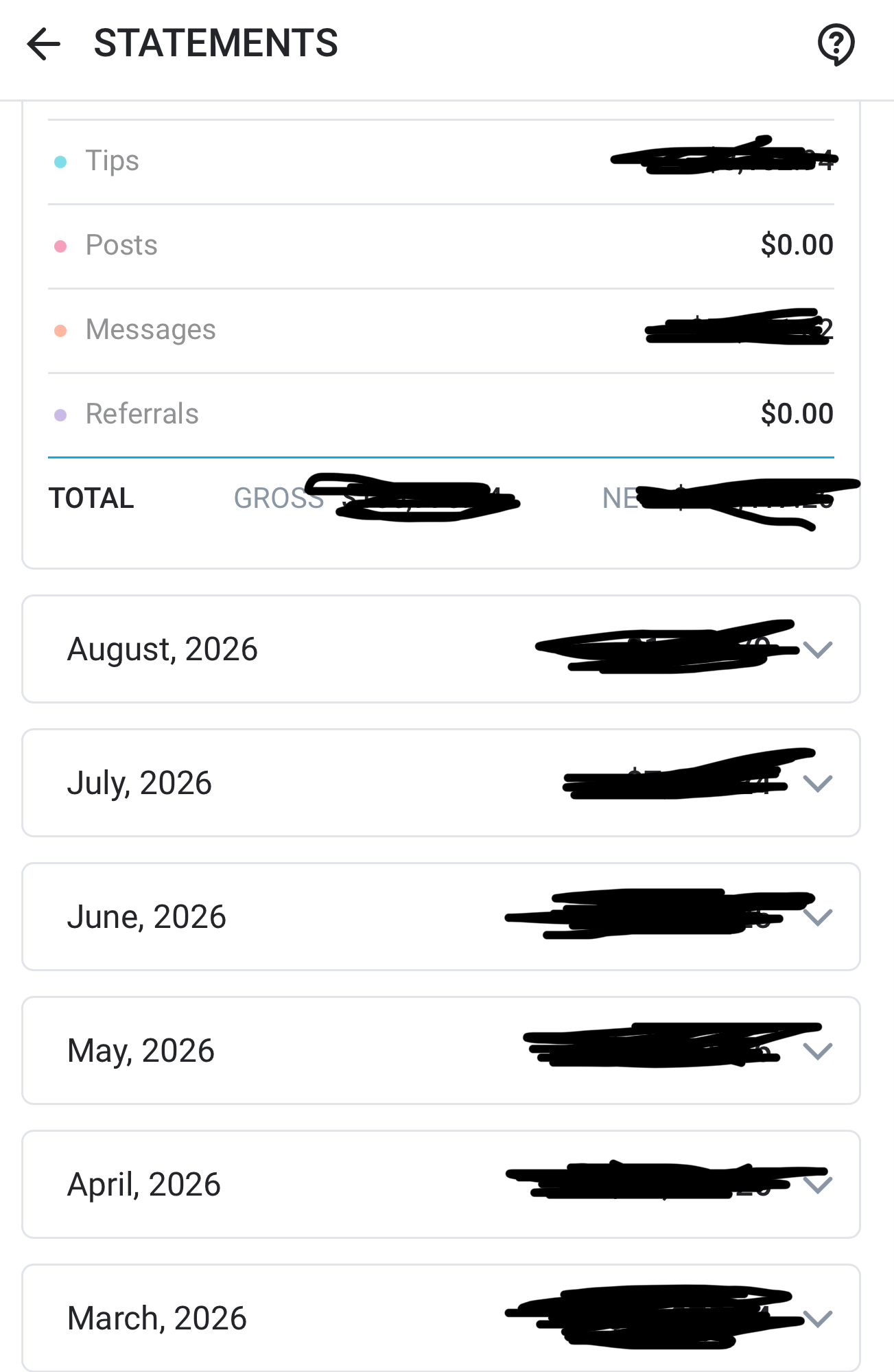 Example of the OnlyFans Statements page showing monthly statement rows